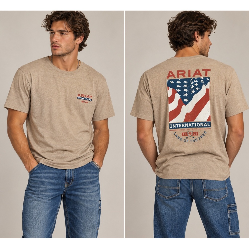 Ariat Mens T-Shirt XL Tan Patriotic Land of the Free Flag Graphic Tee